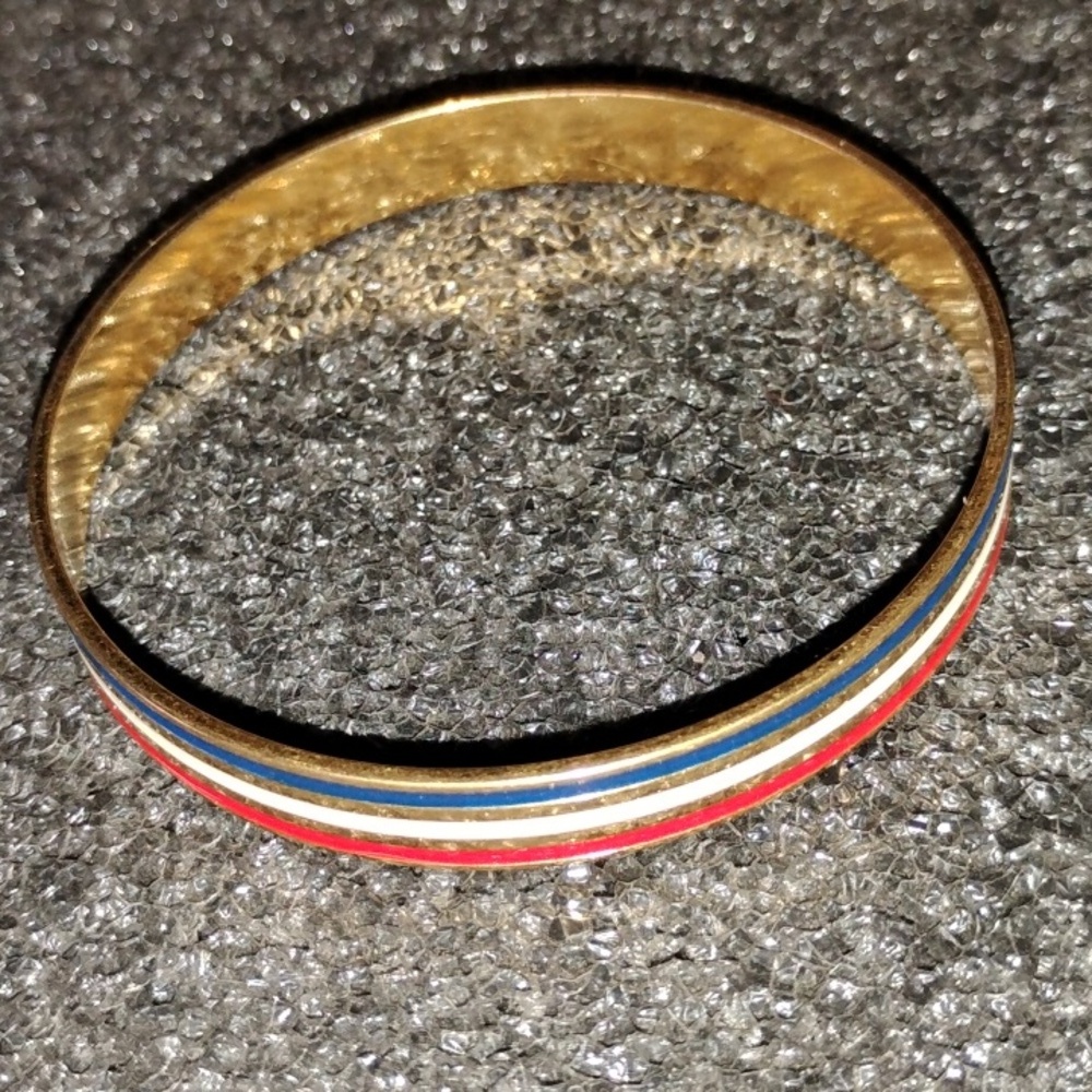 Gold Tone Bangle with Red and Blue Stripes - Picture 2 of 4